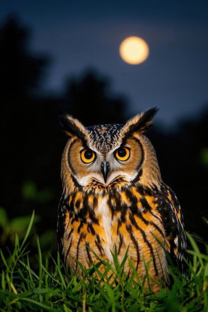 Great Horned Owl (Bubo virginianus) in front of a full moonの素材