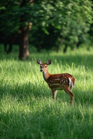A whitetail fawn in a field of green grass.の素材