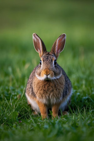 Rabbit on the grass in the meadow looking at the cameraの素材