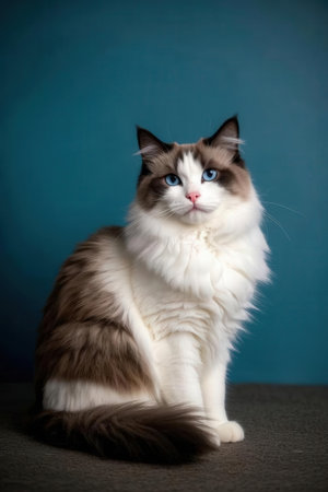 beautiful ragdoll cat with blue eyes on a blue backgroundの素材