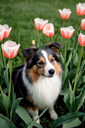 Australian shepherd sitting in the tulip garden. Close-up.の素材