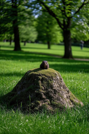 Little hedgehog sitting on a rock in the middle of a parkの素材