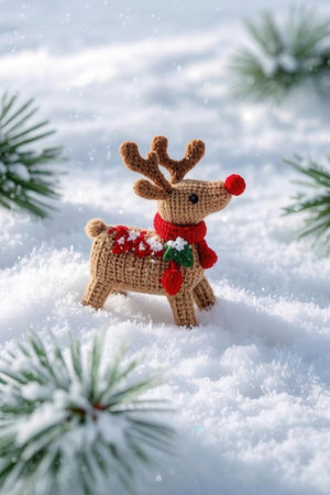 Christmas reindeer toy on snow and pine branch. Winter backgroundの素材