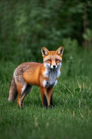 Red fox (Vulpes vulpes) standing in the grassの素材