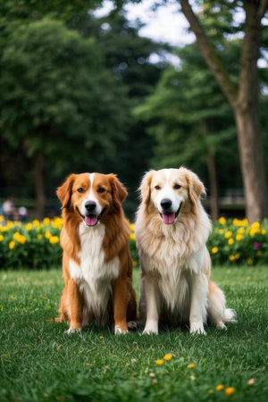 Two dogs in the park. Nova Scotia Duck Tolling Retrieverの素材