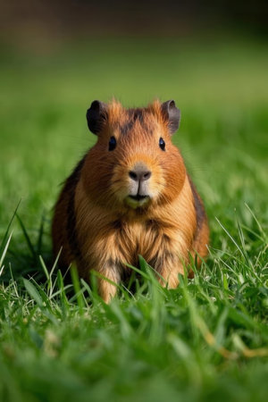 Guinea pig on green grass in the park. Animal portrait.の素材
