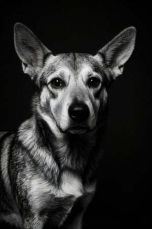 Black and white portrait of a German shepherd dog on a black backgroundの素材