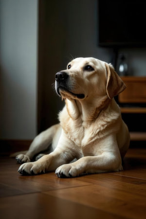 Labrador Retriever dog sitting on the floor at home.の素材