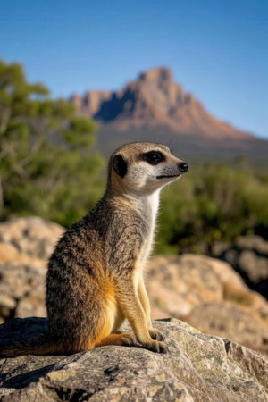 Meerkat standing on a rock in the desert of Namibiaの素材