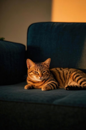 Beautiful bengal cat lying on the sofa at home.の素材