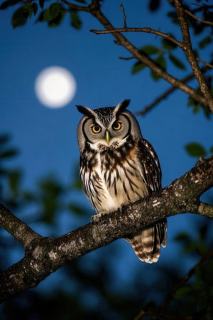 Great horned owl (Asio otus) perched on a branch in front of a full moonの素材