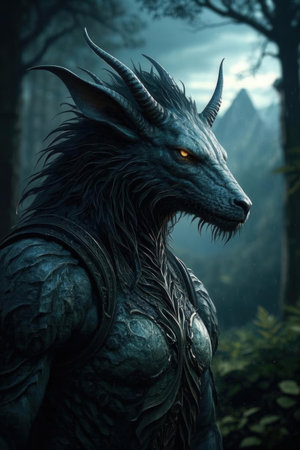 3D rendering of a fantasy alien creature in a dark forest.の素材