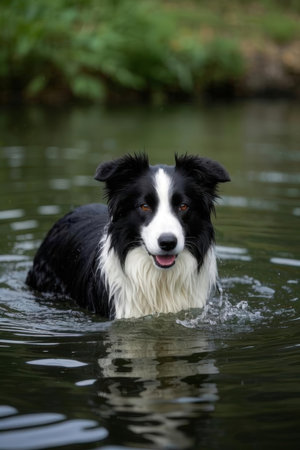 Portrait of border collie dog swimming in a lake at summerの素材