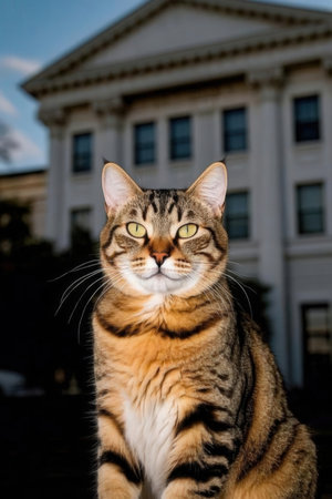 Portrait of a cat on a background of a school building.の素材