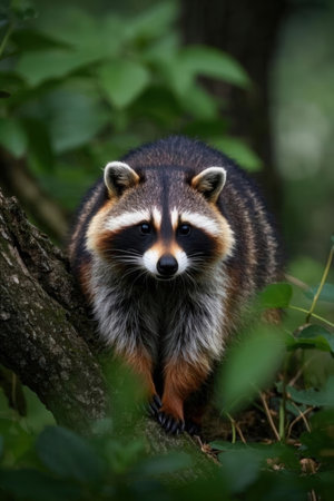 Raccoon climbing on a tree in the forest. Wildlife scene from nature.の素材