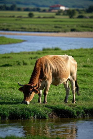 Cows grazing on the bank of a river in the countryside.の素材