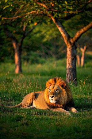 Male lion lying on grass in Kruger National park, South Africa; Specie Panthera leo family of Felidaeの素材