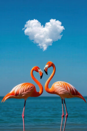Flamingo couple in love with heart shape on blue sky backgroundの素材