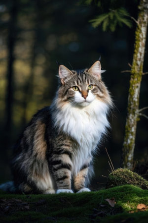 Tricolor Maine Coon cat sitting on mossy rock in forestの素材