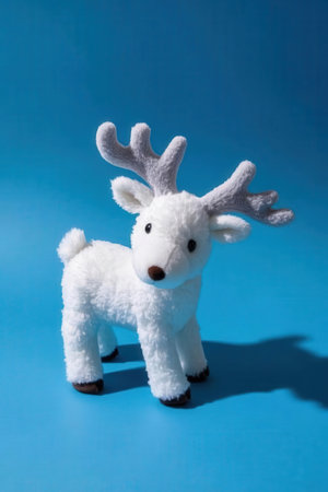 Christmas reindeer toy on blue background. Christmas and New Year concept.の素材