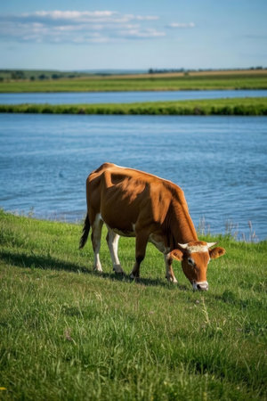 Cow grazing on a meadow near the river. Rural landscape.の素材
