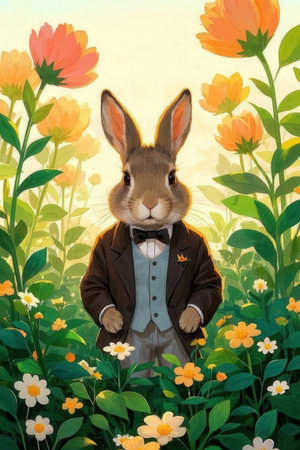 Easter bunny with a bowtie on a background of flowers.の素材