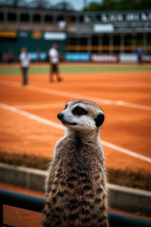 Meerkat on a baseball field in a sunny day. Meerkat on a baseball field.の素材