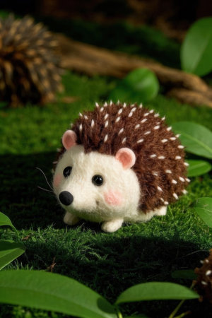 Cute little hedgehog toy on green moss with pine cone backgroundの素材