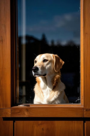 Golden retriever looking out of the window at sunset. Portrait.の素材