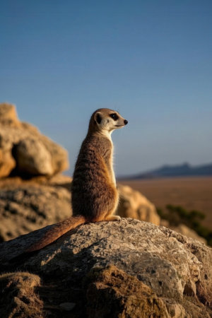 Meerkat (Suricata suricatta) sitting on a rockの素材