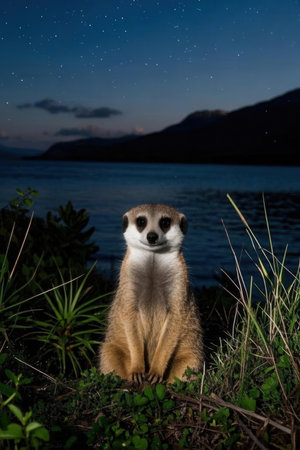 Meerkat sitting on the edge of a meadow at nightの素材