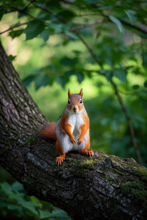 Red squirrel sitting on a tree branch in the forest in the summerの素材