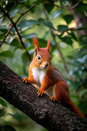Red squirrel sitting on a tree branch in the forest, close-upの素材