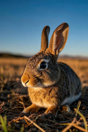 Rabbit in the field with blue sky background. Close-up.の素材