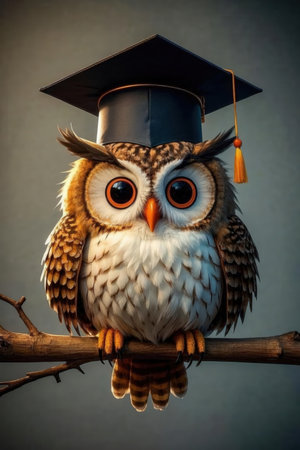 Owl with graduation cap on gray background. Education concept. Back to school.の素材