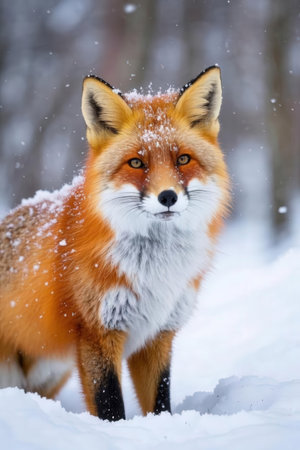 Red fox in the winter forest (Vulpes vulpes)の素材