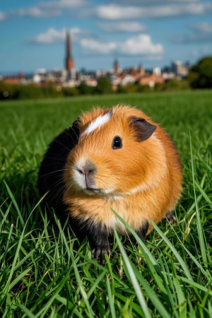 Guinea pig on green grass with city view in the background.の素材