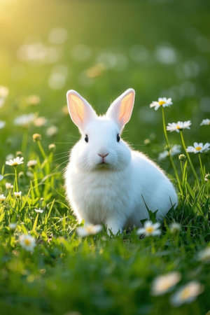 Cute white rabbit on green grass with daisy flowers in summerの素材