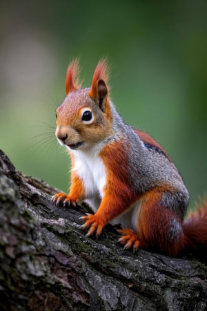 Red squirrel sitting on a tree trunk with a blurred green background.の素材