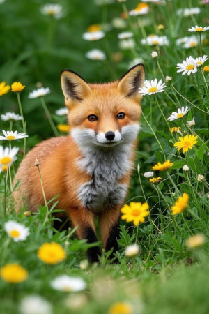 Red fox in a meadow with chamomiles and daisiesの素材