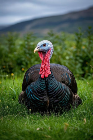 turkey in the meadow on a background of green grass and mountainsの素材