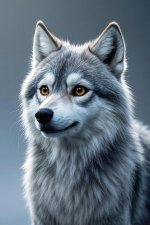Portrait of a beautiful Siberian Husky dog. Gray background.の素材
