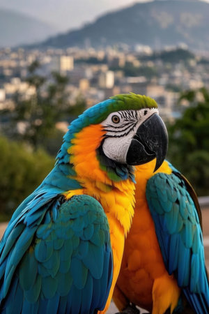 Beautiful macaw parrot on the background of the city.の素材