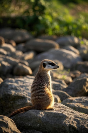 Meerkat sitting on the rocks in the evening sun. Wildlife scene from nature.の素材