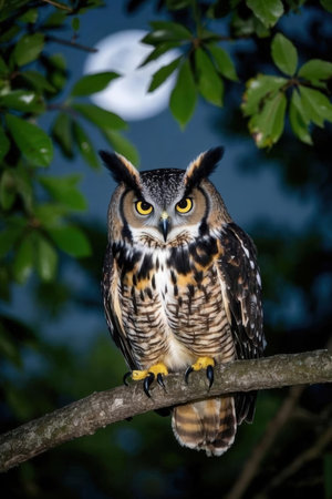 Long-eared Owl (Bubo bubo) sitting on a branchの素材