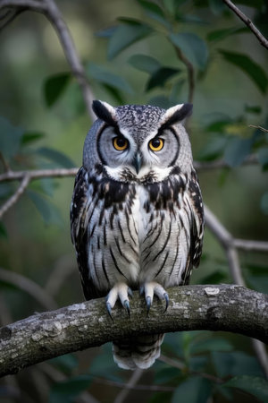 Great horned owl (Asio otus) perched on a branchの素材
