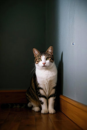 Domestic cat sitting on the floor in front of a wall.の素材