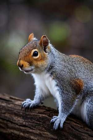 Close up of a gray squirrel sitting on a tree in the forestの素材