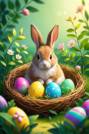 Easter bunny with colorful eggs in the nest on green grass backgroundの素材