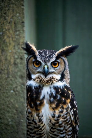 Portrait of a beautiful owl sitting on a tree in a zooの素材